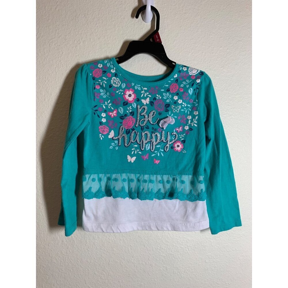 Garanimals "Be Happy" Long Sleeve T-Shirt Toddler Girls Size 4T Teal AD6